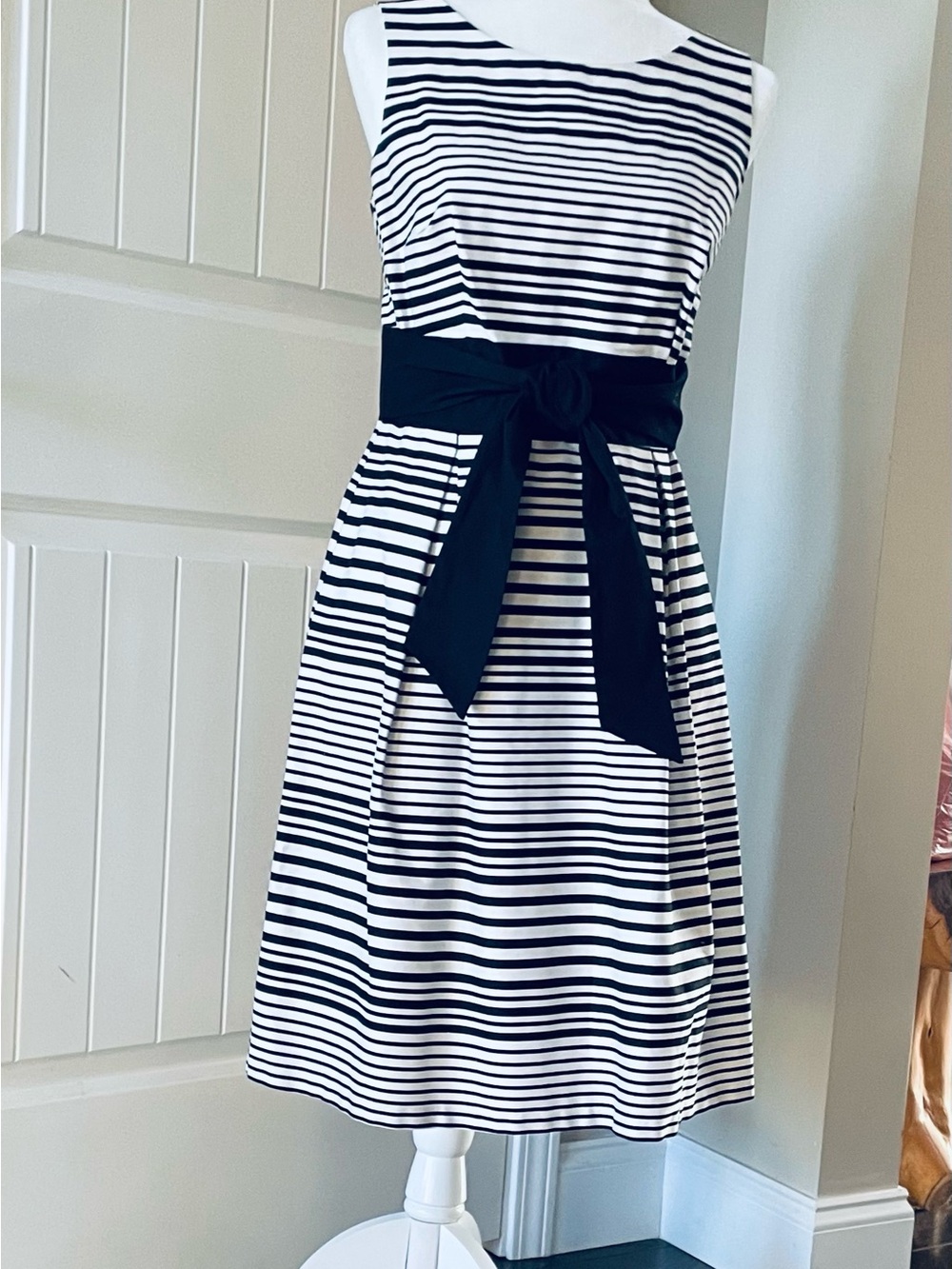 Black and White Striped Fit & Flare Dress with Black Waistband by AGBdress